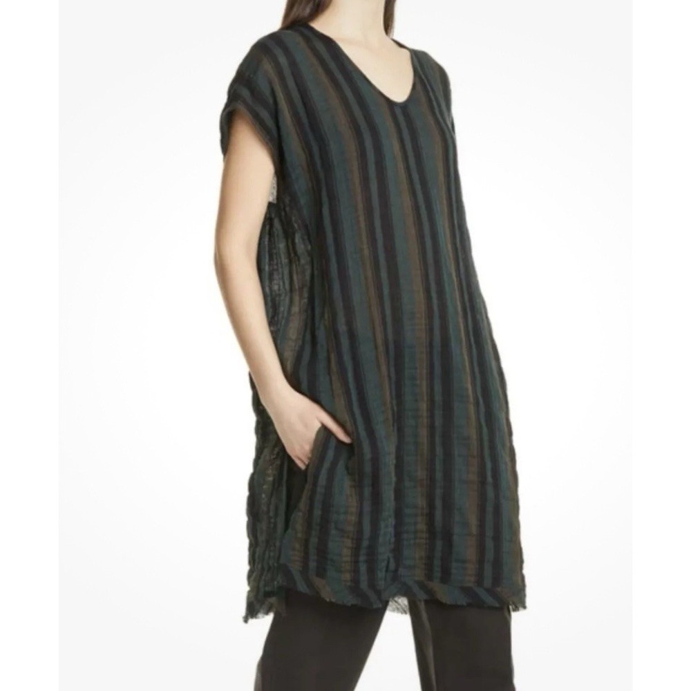 Eileen Fisher Striped Double Weave Lagenlook Cotton Gauze Caftan‎ In Nori S